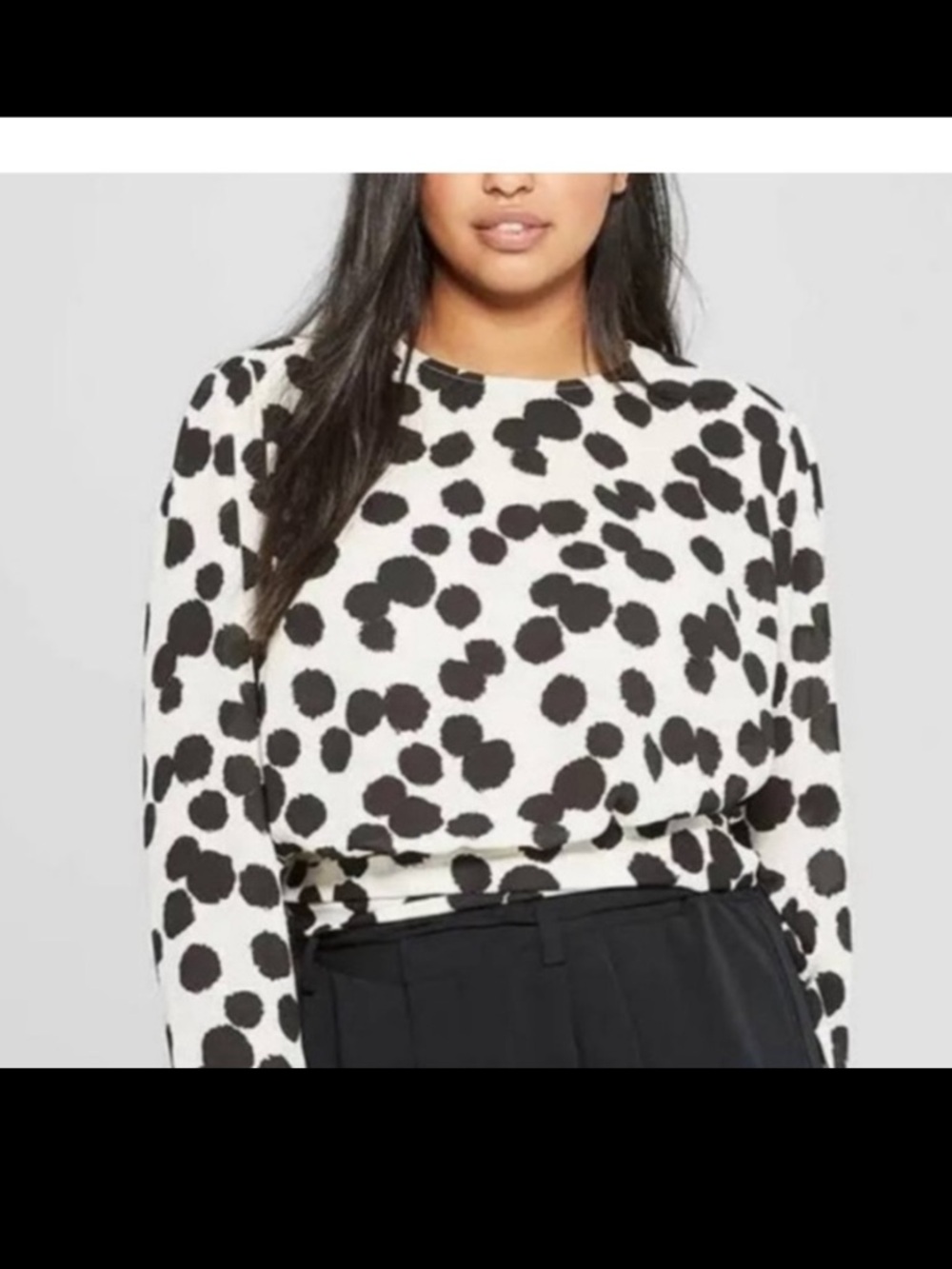 Who What Wear Blouse. Blotch Polka Dot. Long sleeve. Black on cream. Size M. EUC
